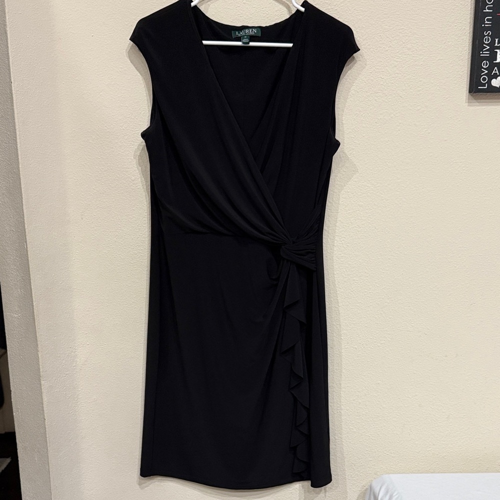 Lauran Ralph Lauren Black Midi Dress With Ruffle Down Side